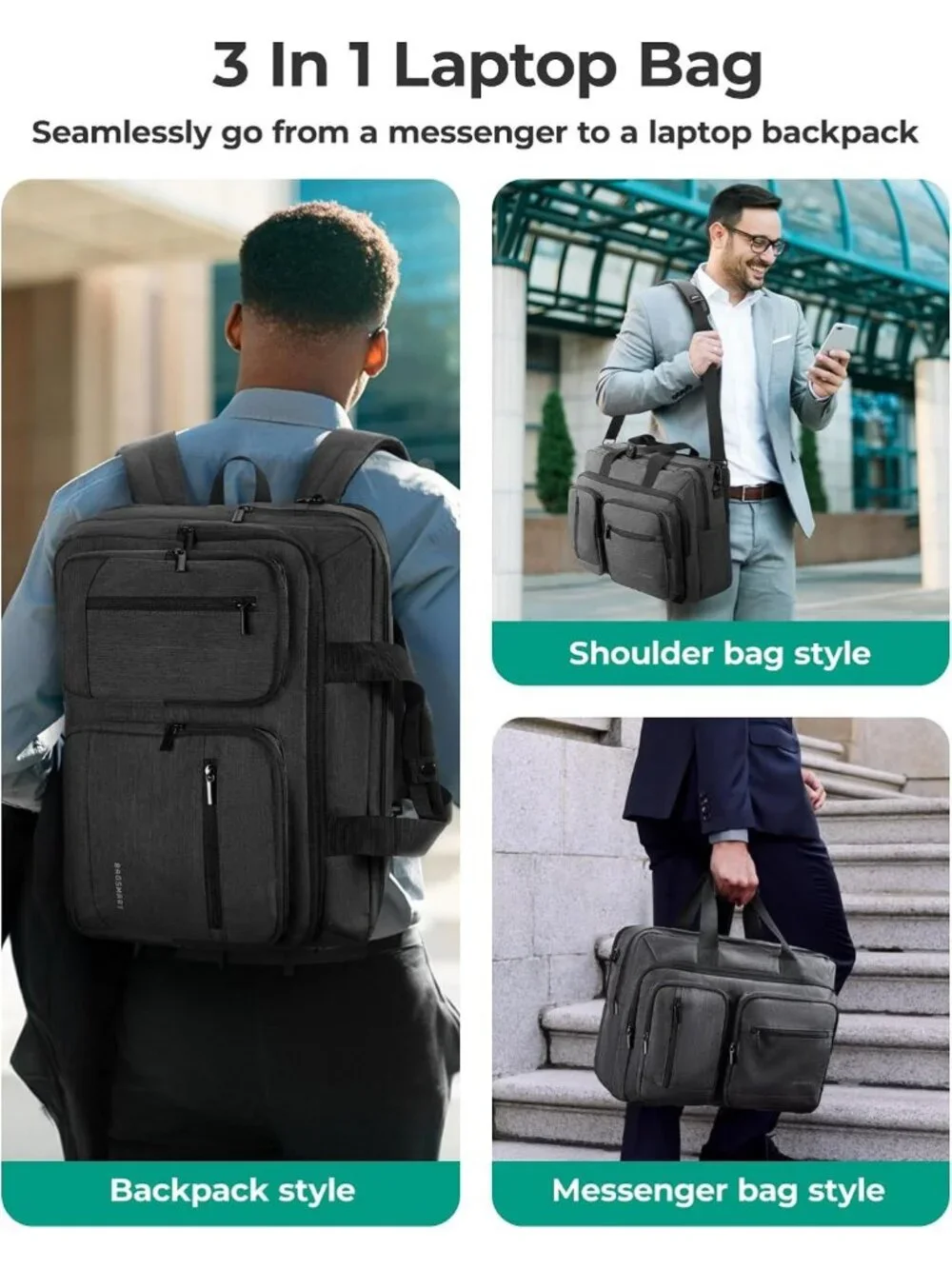 Versatile 3-in-1 Laptop Bag for Men, Water-Repellent Briefcase & Shoulder Bag